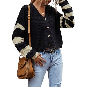 

V Neck Striped Sleeve Button Up Cardigan, Black