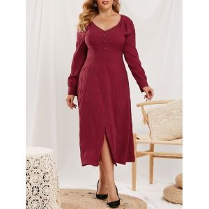 

Plus Size Mock Button Slit V Neck Dress, Red wine