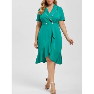 

Lapel Double Breasted Flounces Plus Size Dress, Green