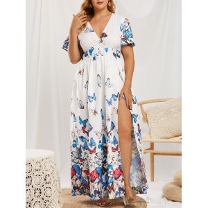 

Plus Size Butterfly Print Slit Surplice Dress, White