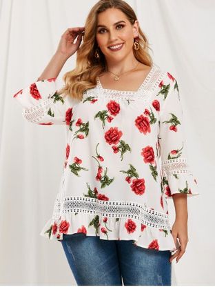 Plus Size Ruffle Floral Pattern Lace Splicing Blouse