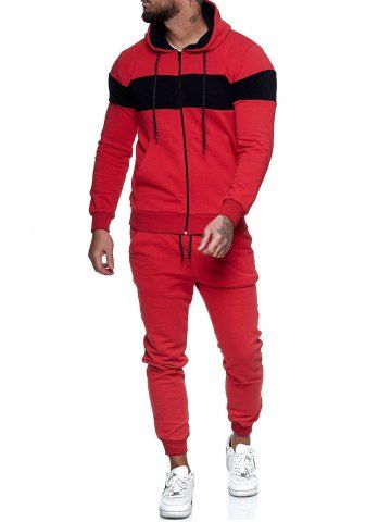 Contraste cremallera sudadera con capucha chaqueta y pantalones deportivos de dos piezas - RED - XS