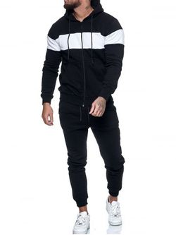 Contrast Zip Up Hoodie Jacket and Pants Sports Two Piece Set - BLACK - XS