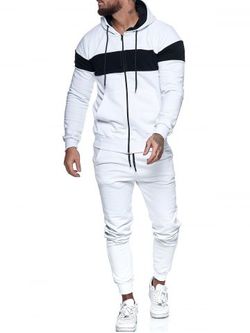 Contraste cremallera sudadera con capucha chaqueta y pantalones deportivos de dos piezas - WHITE - S