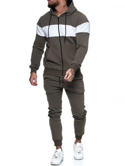 Contraste cremallera sudadera con capucha chaqueta y pantalones deportivos de dos piezas - ARMY GREEN - L