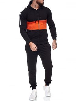 Contrast Zip Up Hoodie Jacket and Pants Two Piece Sports Set - BLACK - XS