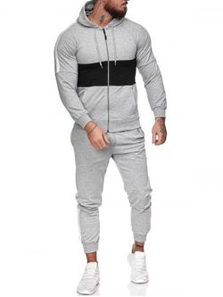 Contrast Zip Up Hoodie Jacket and Pants Two Piece Sports Set - LIGHT GRAY - M
