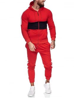 Contraste cremallera sudadera con capucha chaqueta y pantalones de dos piezas de Deportes - RED - S