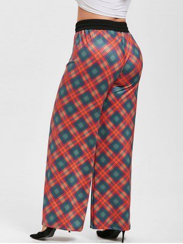 

Plus Size Drawstring Plaid Wide Leg Pants, Red
