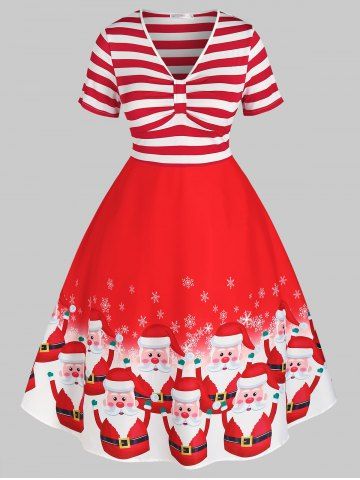 Más el tamaño de vestido de Navidad copo de nieve retro a rayas de Santa Claus - RED - L