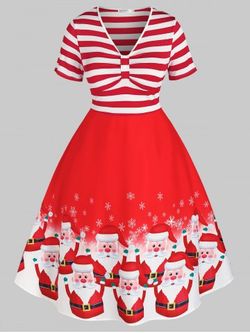 Plus Size Christmas Striped Santa Claus Snowflake Retro Dress - RED - L