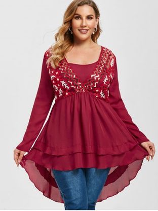 Plus Size Embroidered Mesh Sequins High Low Surplice Top