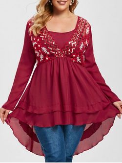 Plus Size Embroidered Mesh Sequins High Low Surplice Top - DEEP RED - L