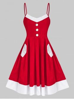 Robe de Noël Contrastée Boutonnée en Velours - RED - M