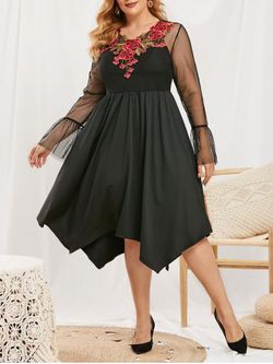 Plus Size Flower Applique Lace Flare Sleeve Dress with Camisole - BLACK - L
