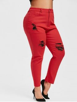 Plus Size Colored Skinny Ripped Jeans - RED - L
