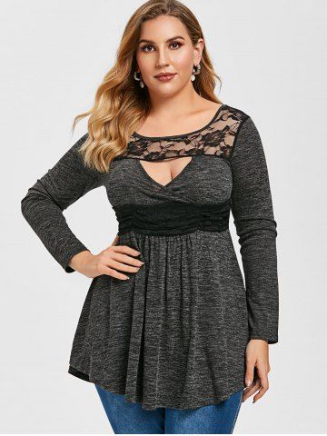 

Plus Size Lace Insert Cutout Space Dye Tee, Black