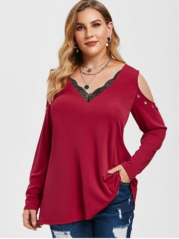 

Plus Size Cold Shoulder Lace Insert Eyelet Tee, Red wine