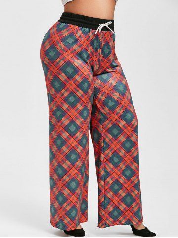Plus Size Drawstring Plaid Wide Leg Pants - RED - L