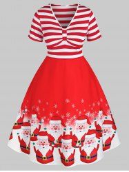 Plus Size Christmas Striped Santa Claus Snowflake Retro Dress -  