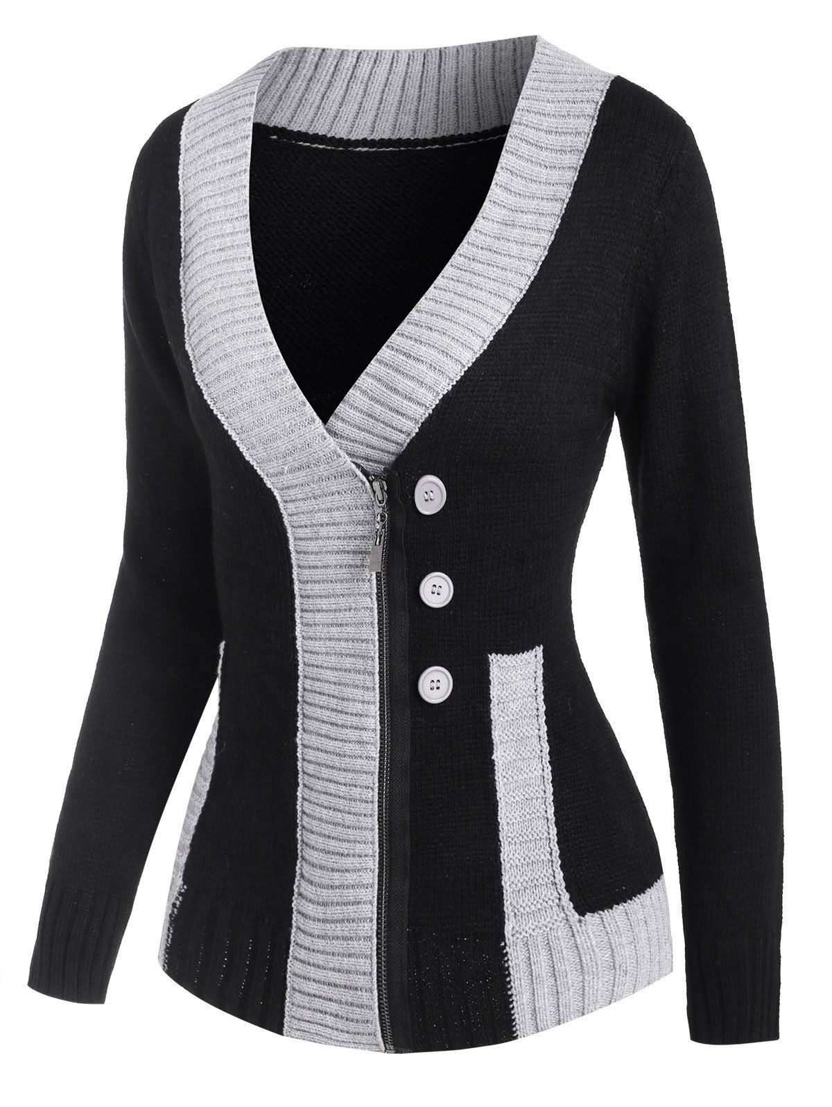 

Mock Button Two Tone Zip Up Cardigan, Black