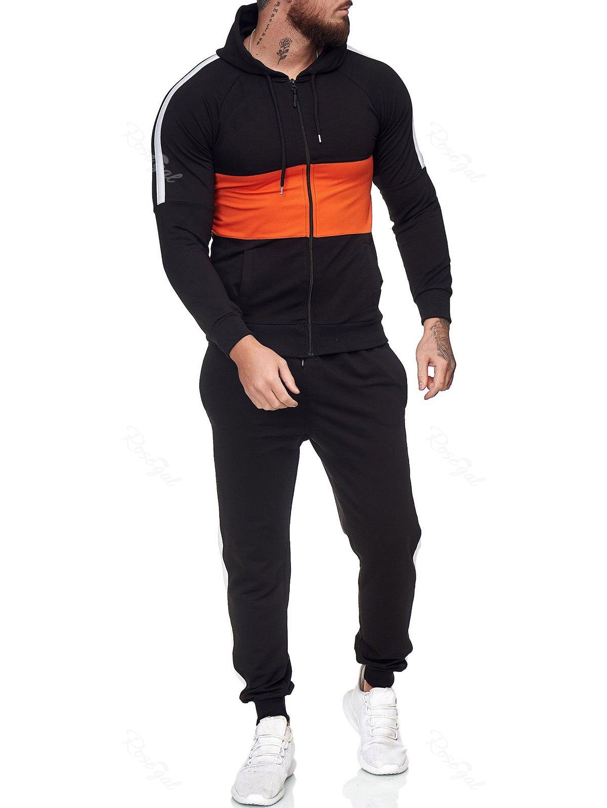 

Contrast Zip Up Hoodie Jacket and Pants Two Piece Sports Set, Black