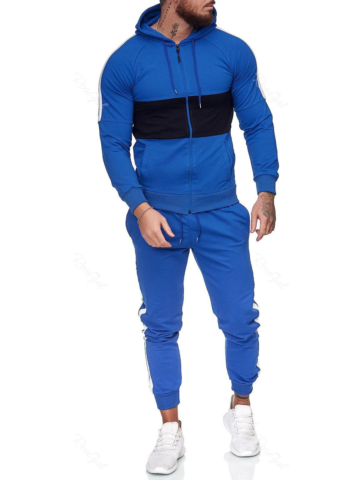 

Contrast Zip Up Hoodie Jacket and Pants Two Piece Sports Set, Blue