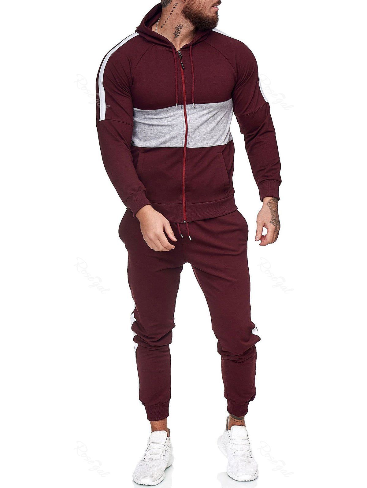 

Contrast Zip Up Hoodie Jacket and Pants Two Piece Sports Set, Red wine