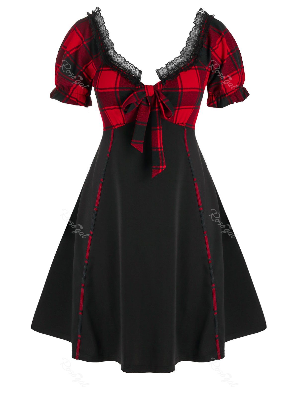 

Plus Size Plaid Knotted Lace Panel A Line Milkmaid Dress, Red wine