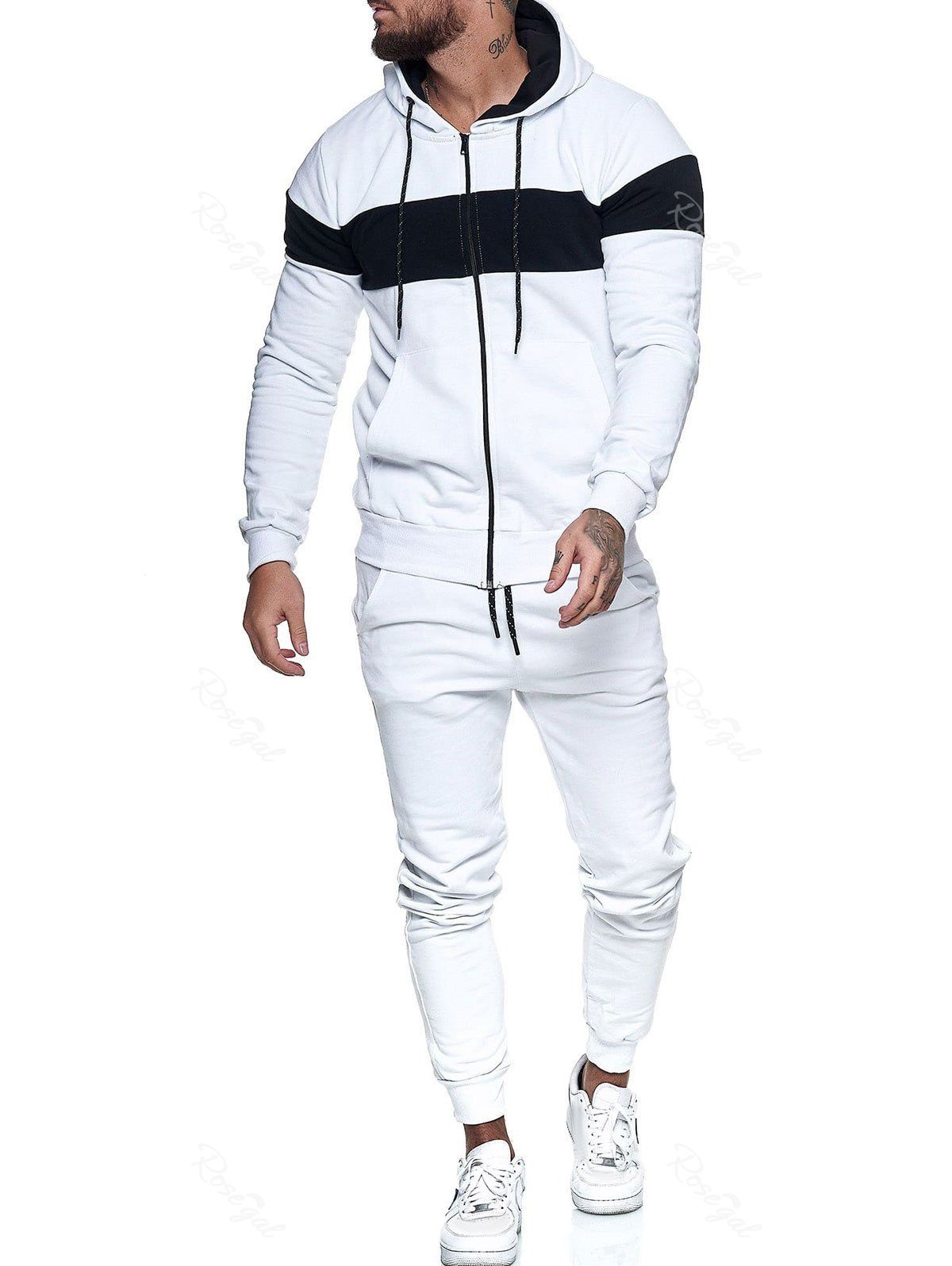 

Contrast Zip Up Hoodie Jacket and Pants Sports Two Piece Set, White