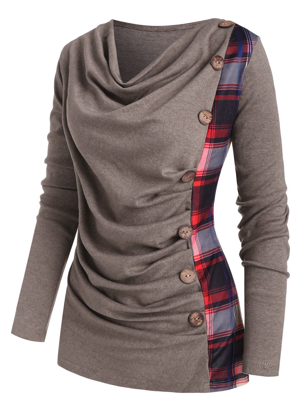 Chic Cowl Neck Plaid Panel Mock Button Knitwear  