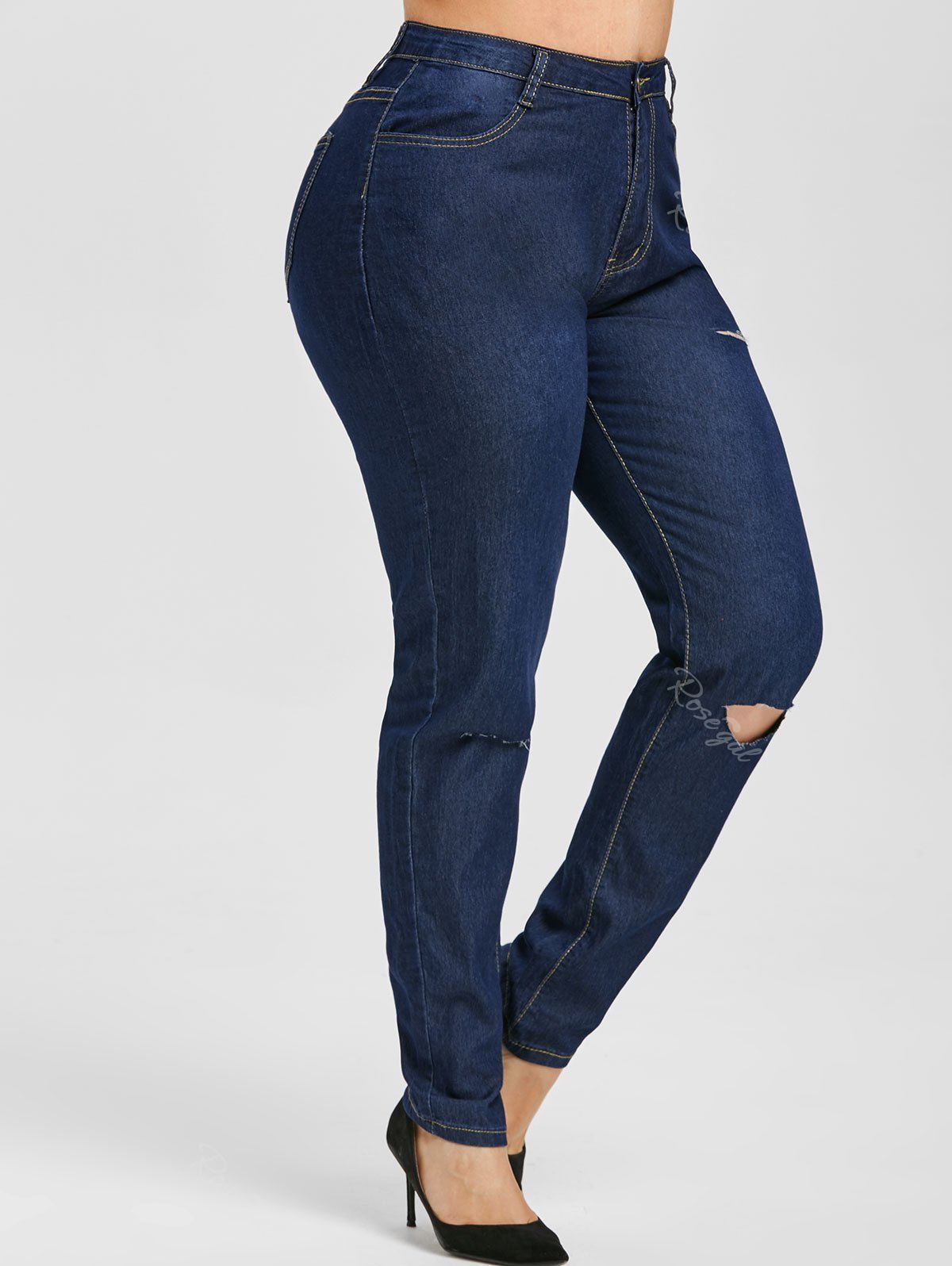 

Ripped Cutout High Waisted Plus Size Skinny Jeans, Deep blue