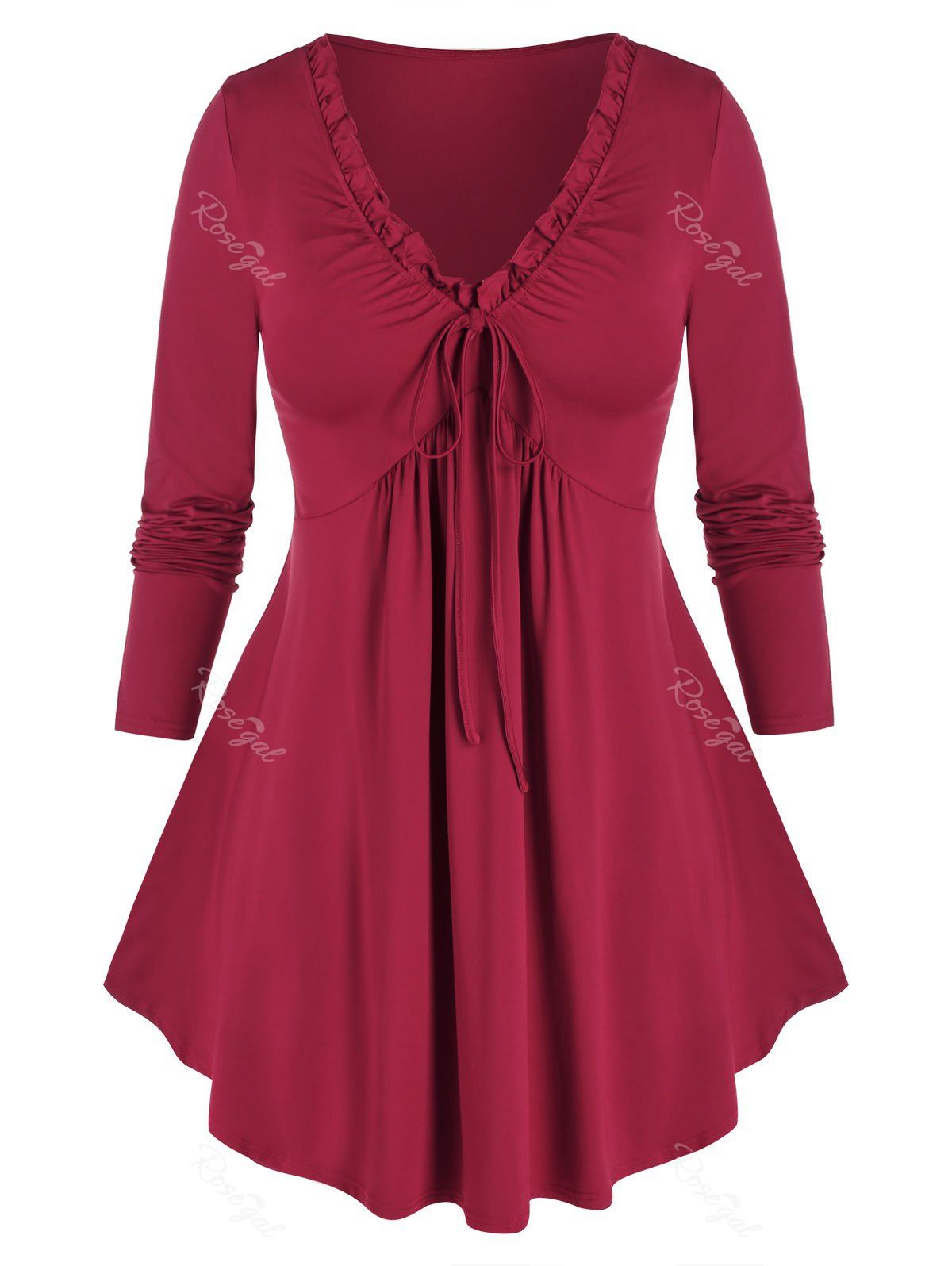 

Plus Size Ruffle Tie Empire Waist Tee, Red wine