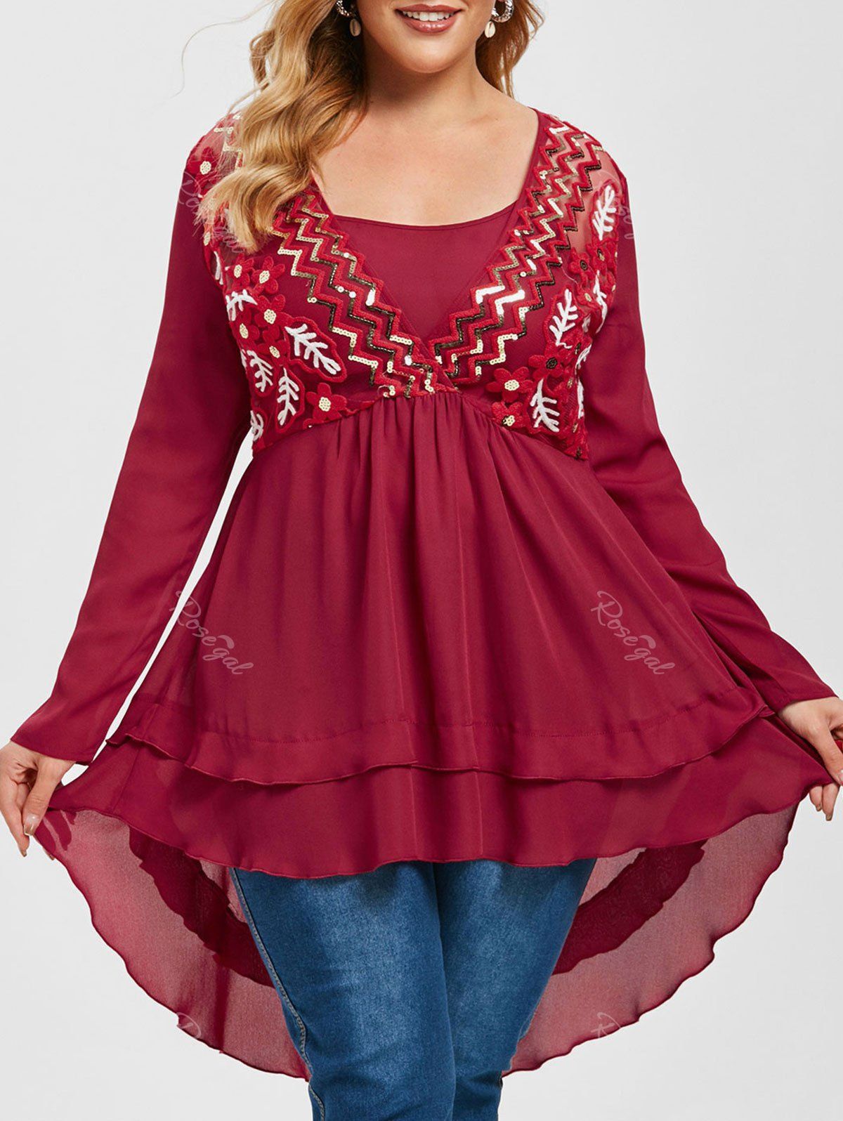 Fashion Plus Size Embroidered Mesh Sequins High Low Surplice Top  
