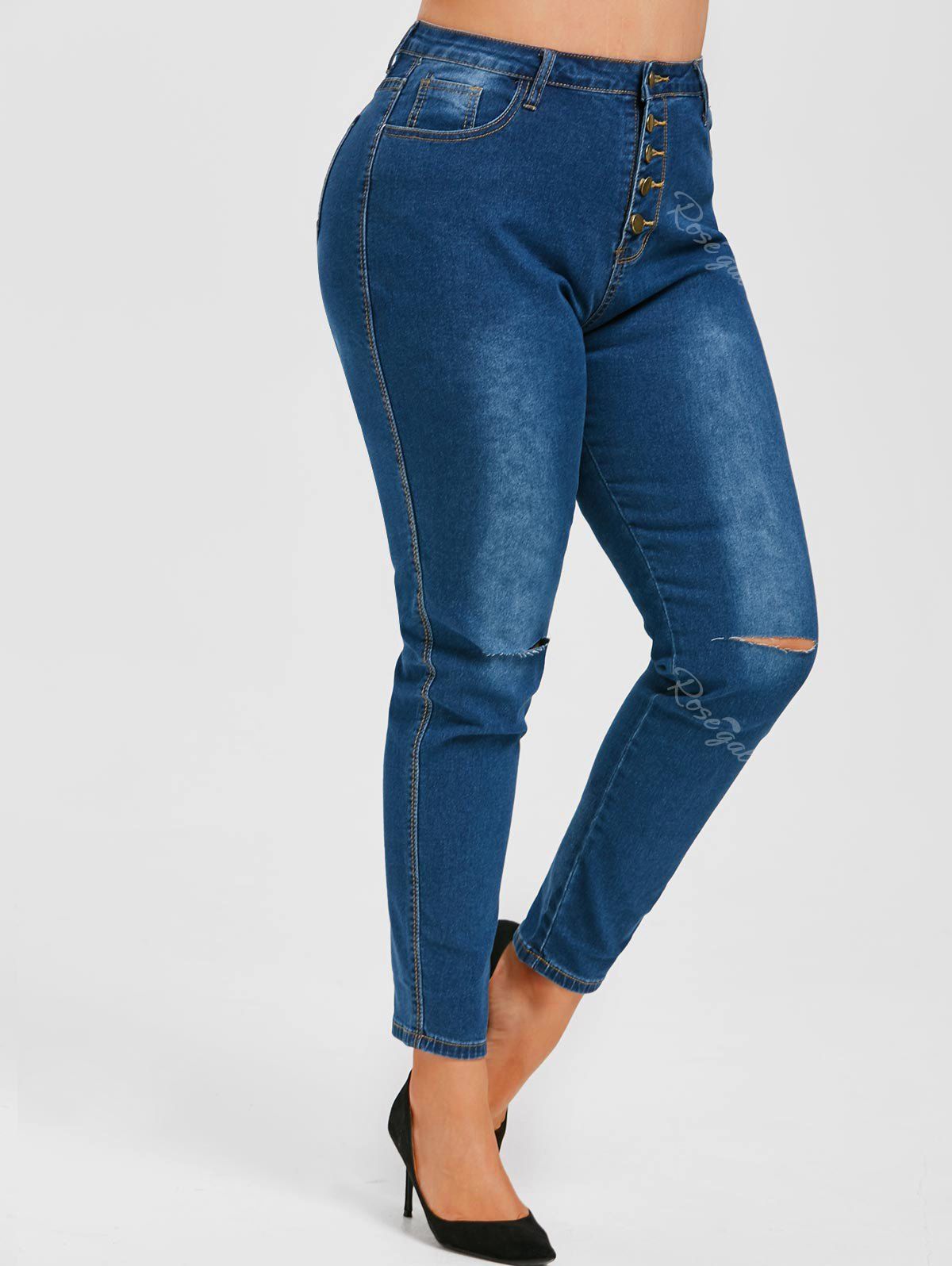 

Ripped Button Fly High Waisted Plus Size Skinny Jeans, Light blue