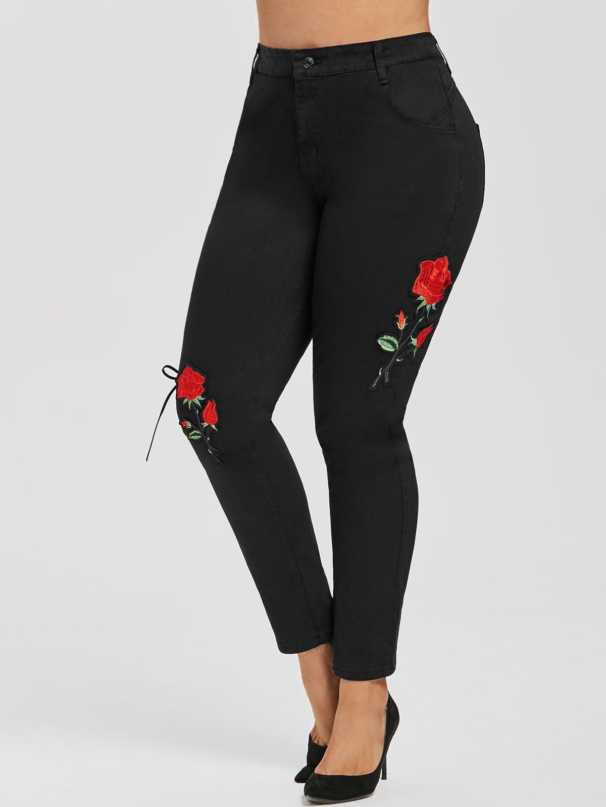

Plus Size Lace Up Flower Applique Skinny Jeans, Black