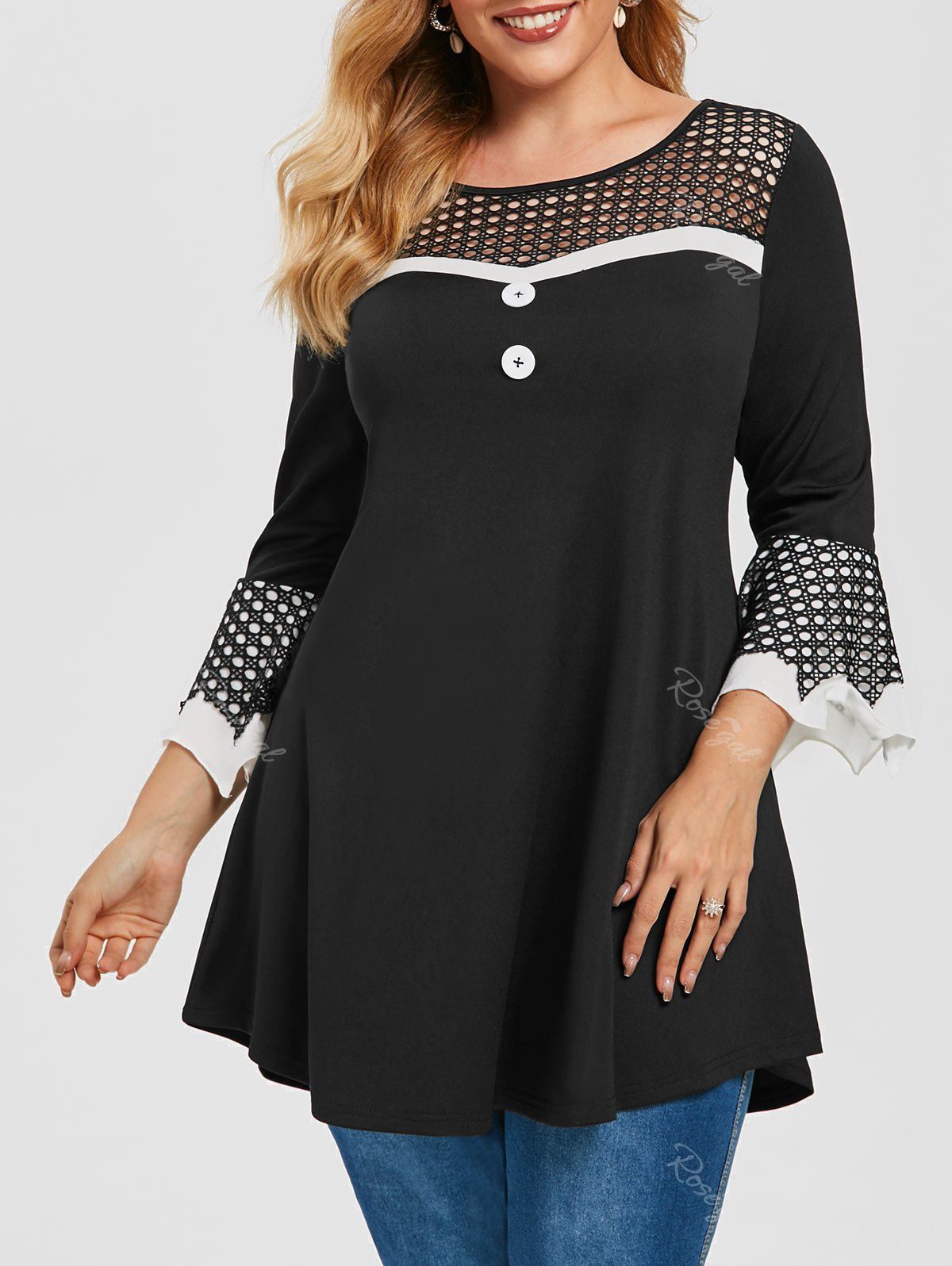 Affordable Plus Size Bell Sleeve Fishnet Insert Tee  