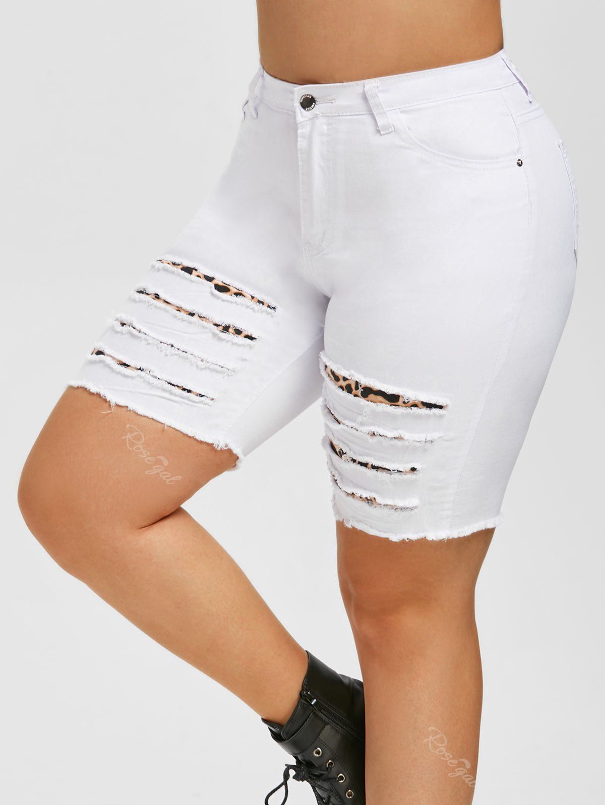 

Distressed Leopard Panel Plus Size Denim Bermuda Shorts, White