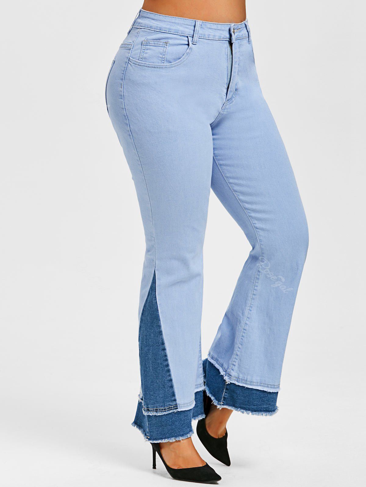 

Plus Size Bicolor Frayed Layered Cuff Flared Jeans, Light blue