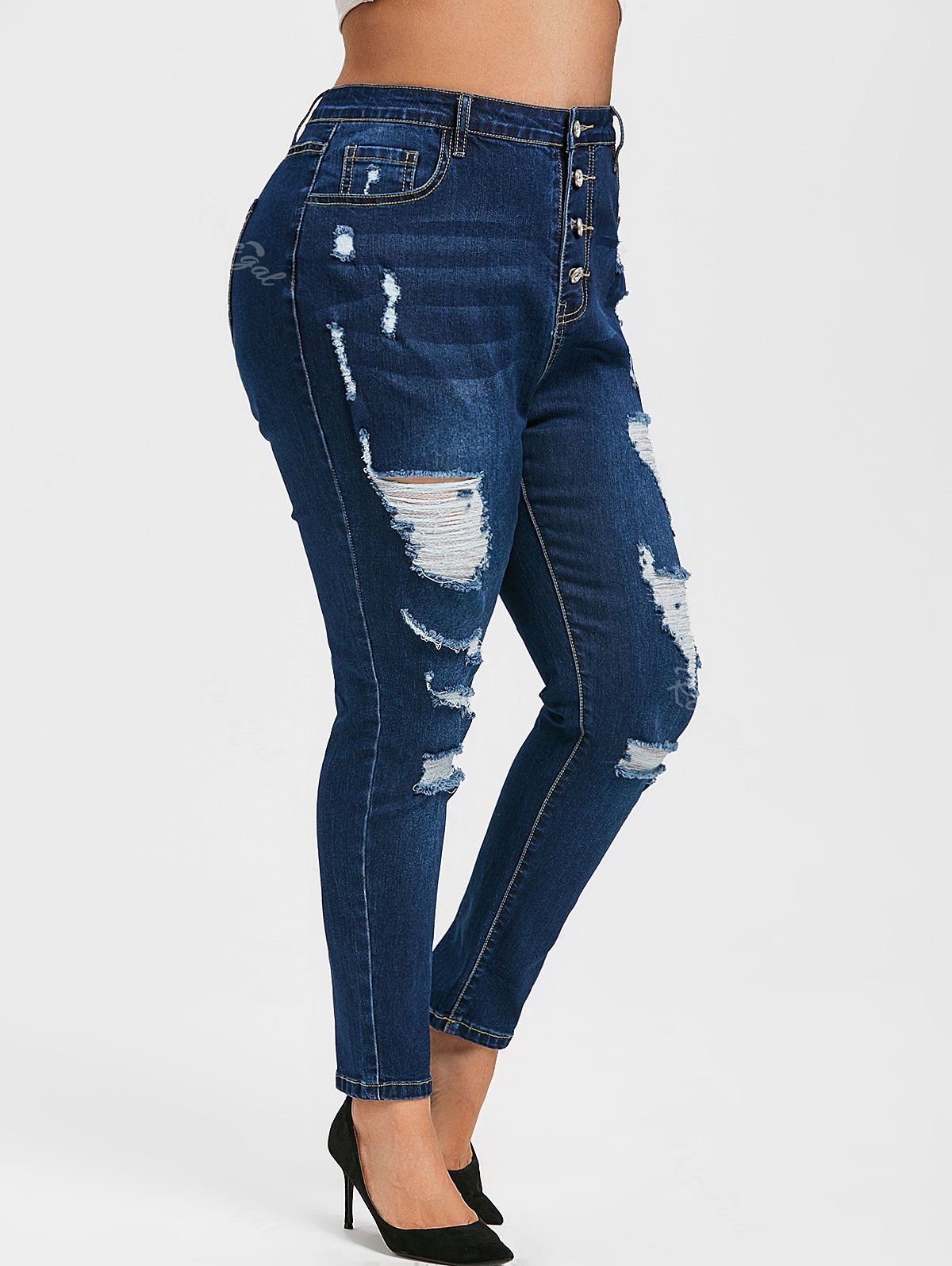 

Plus Size Ripped Button Fly Skinny Jeans, Deep blue