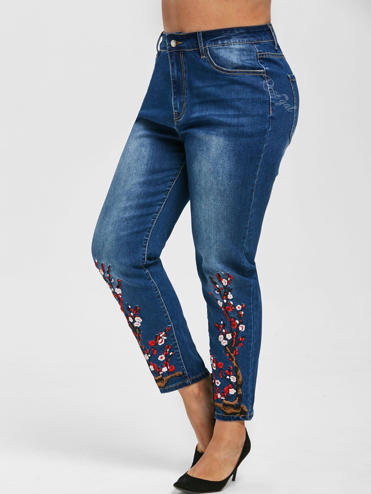Cheap Plus Size Flower Embroidered Skinny Jeans  