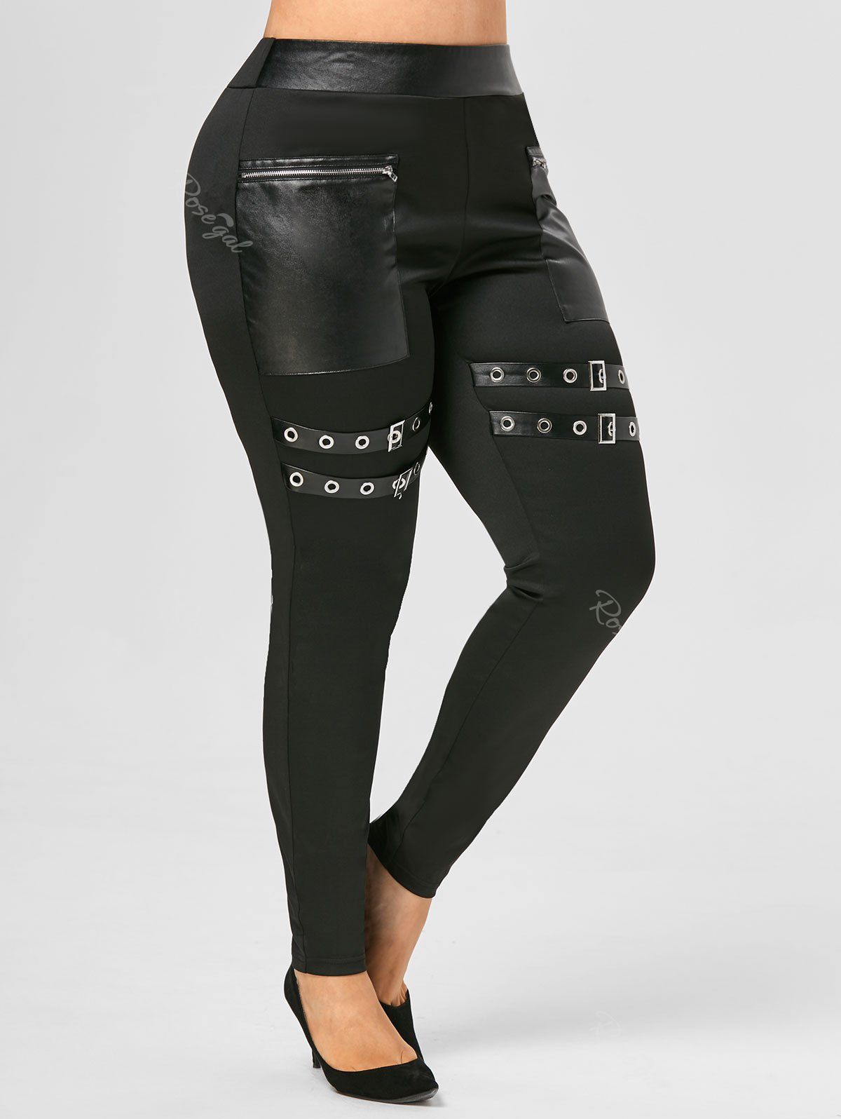 

Plus Size Punk Buckles PU Insert Eyelet Pants, Black