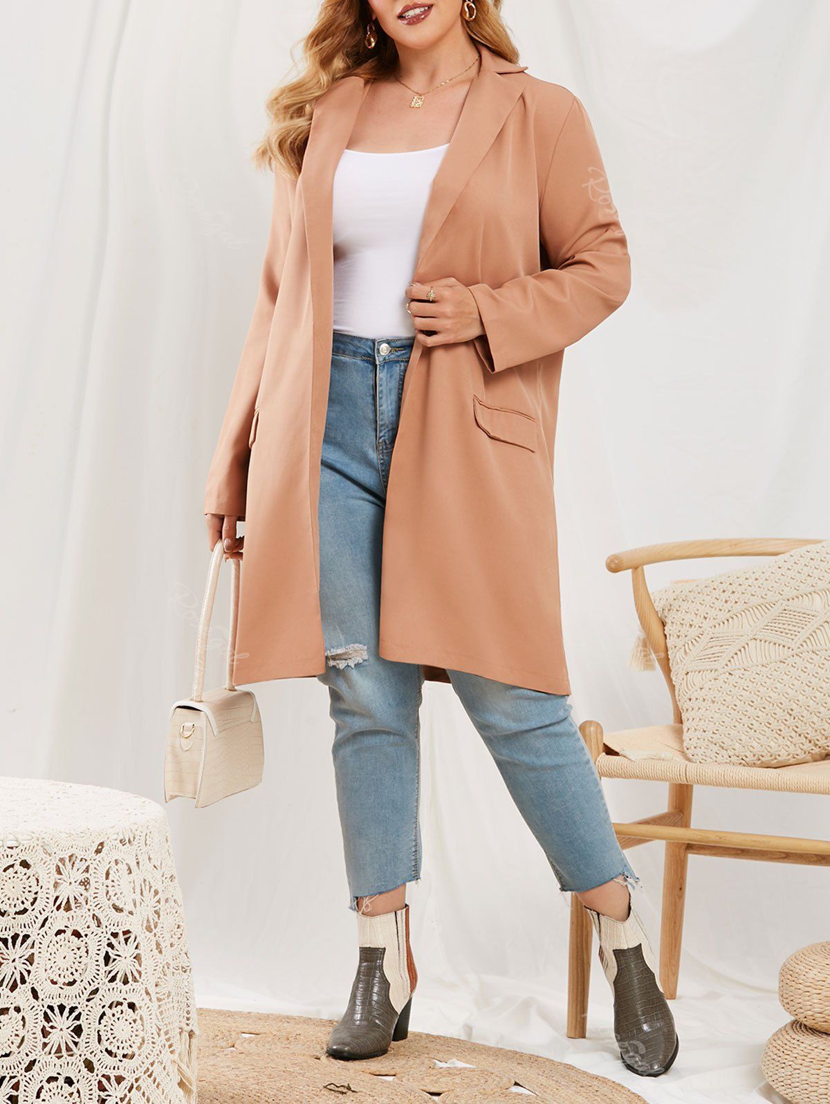 

Plus Size Open Front Flap Detail Coat, Light coffee