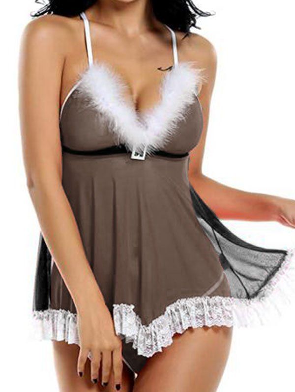 

Faux Fur Insert Lace Trim Pointed Hem Mesh Babydoll, Black