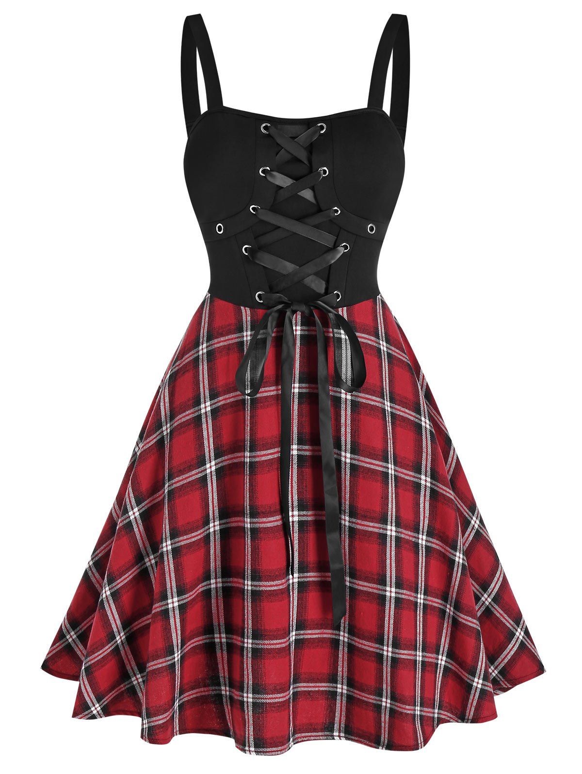 

Sleeveless Plaid Print Lace-up Flare Dress, Black