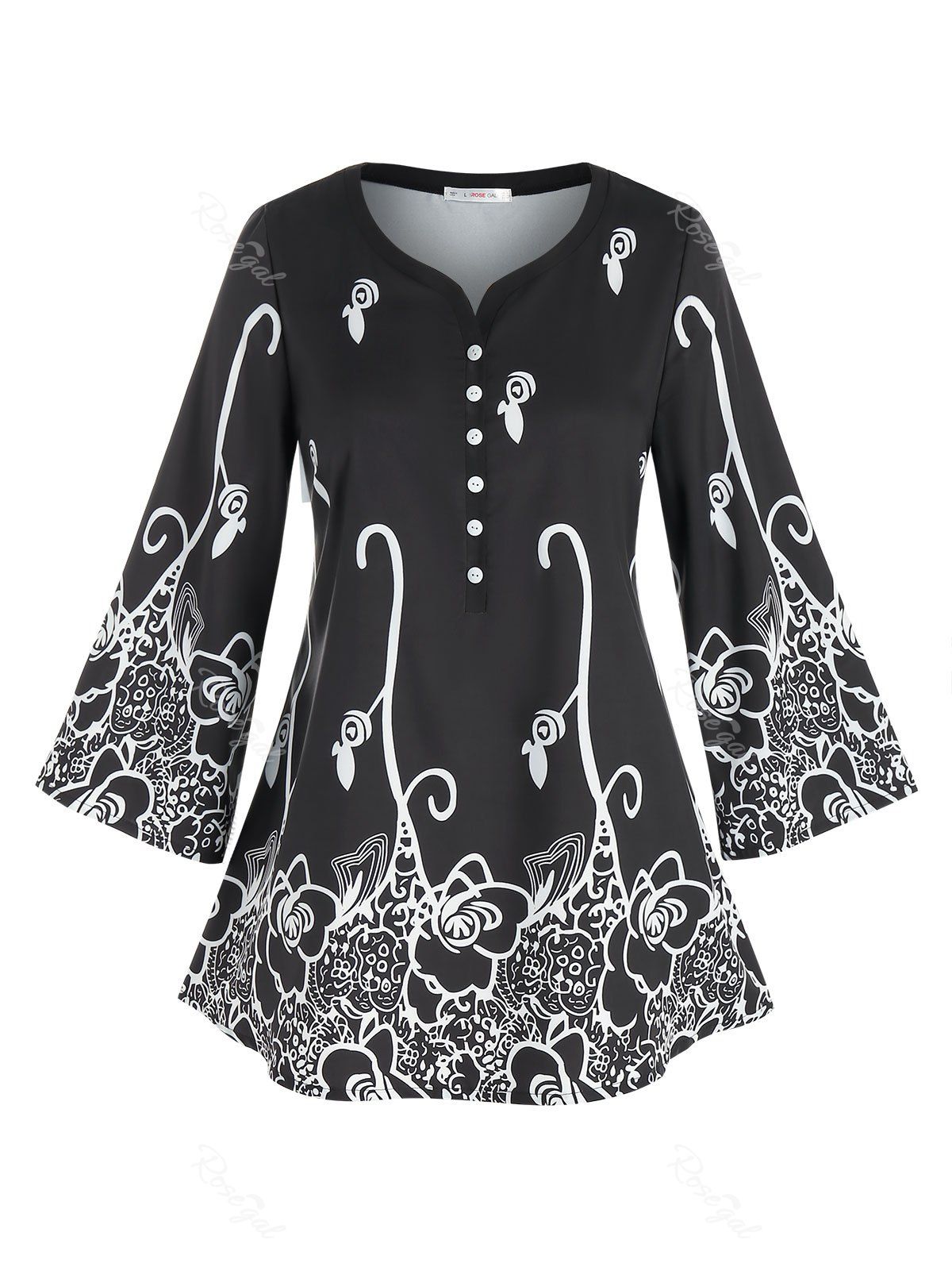 T-shirt Tunique à Imprimé Fleur Grande Taille à Manches Larges Noir 1X