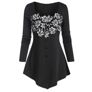 

Pointed Hem Flower Lace Panel T-shirt, Black