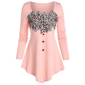 

Pointed Hem Flower Lace Panel T-shirt, Pink