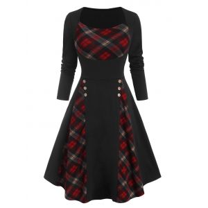 

Plaid Panel Mock Button Long Sleeve Dress, Black