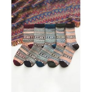 

5 Pairs Ethnic Geo Print Winter Socks Set, Multi a